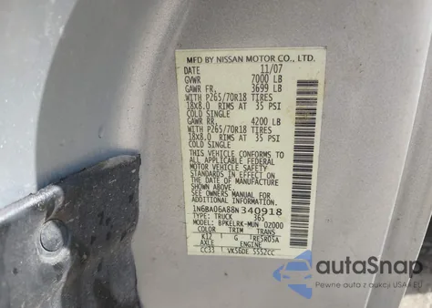 2008 Nissan Titan Le z USA, uszkodzony, nr VIN 1N6BA06A88N340918